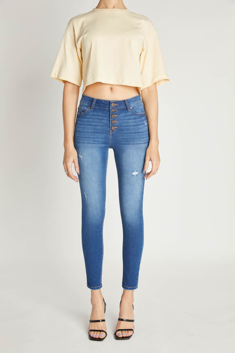 Women's blue skinny pants jeans with button detail for casual wear