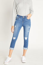 Women's distressed skinny pants jeans in medium wash denim
