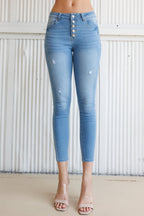 Women's light blue skinny pants jeans with high-rise fit and distressed details