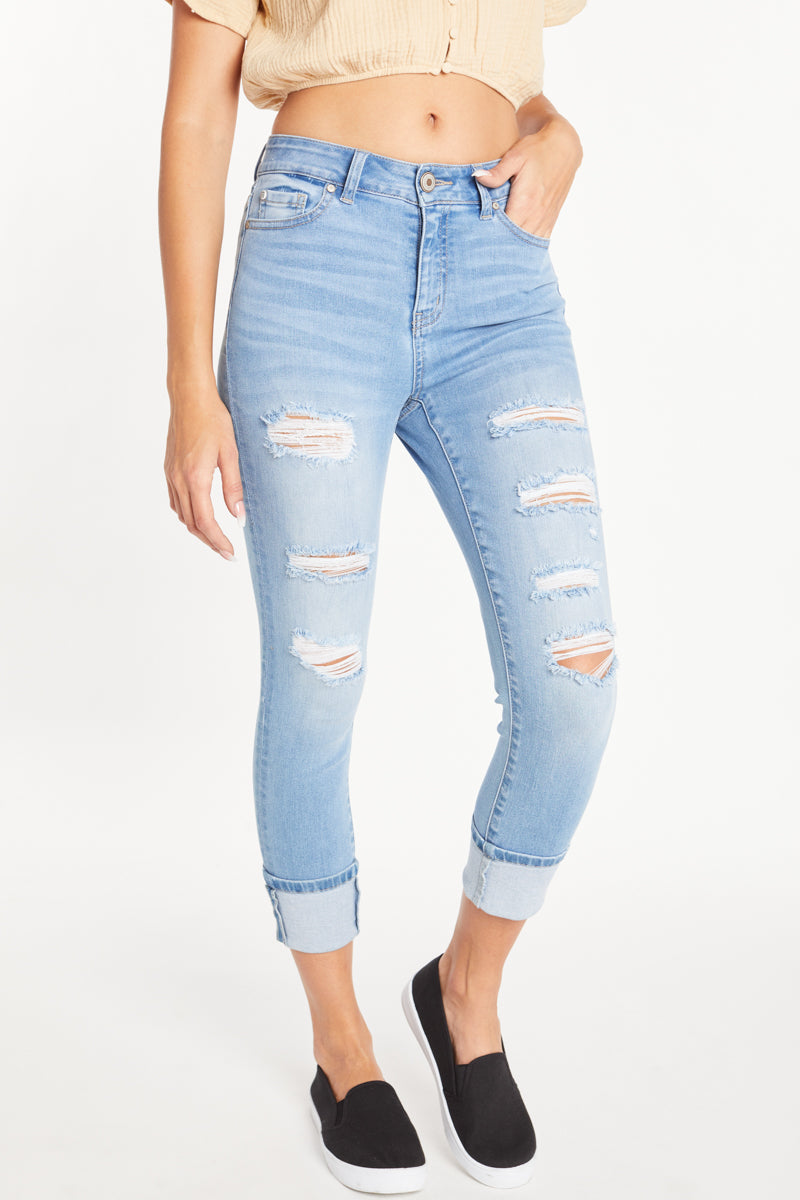 Women's light blue skinny pants jeans with distressed details for casual wear