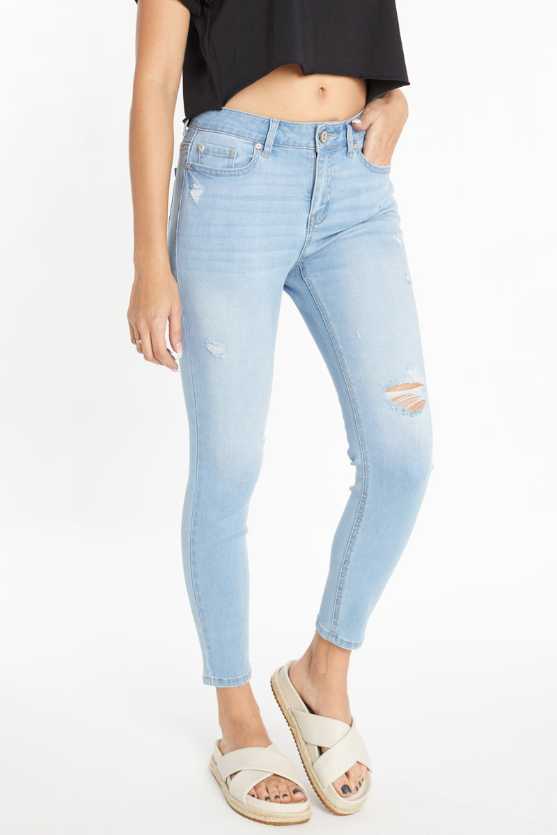 Women's light blue skinny pants jeans, distressed style for casual wear