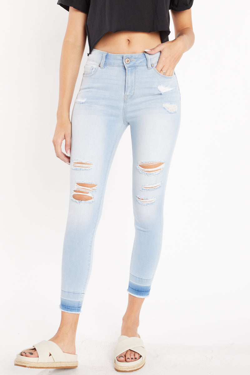 Women's light blue skinny pants jeans with distressed details for casual wear