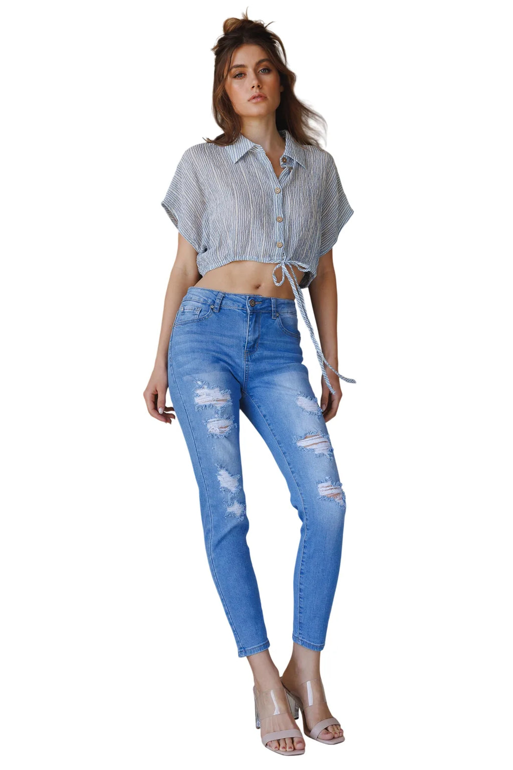Shop ENJEAN women's skinny pants jeans in light blue with distressed detailing