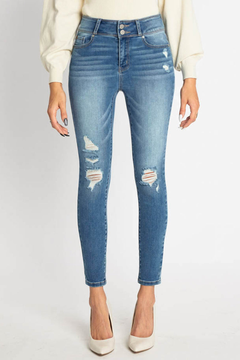 Women's light blue skinny pants jeans with distressed design, casual wear