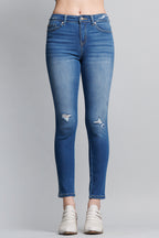 Women's blue skinny pants jeans with distressed details for casual wear