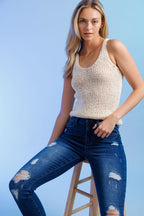 Women's skinny pants jeans, dark blue denim, casual wear with distressed details