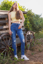 Women's blue skinny pants jeans, distressed, casual outdoor wear