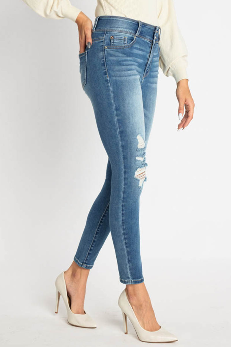 Women's light blue skinny pants jeans, distressed style for casual wear