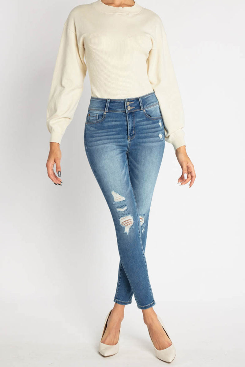Women's blue skinny pants jeans with distressed details, great for casual outings