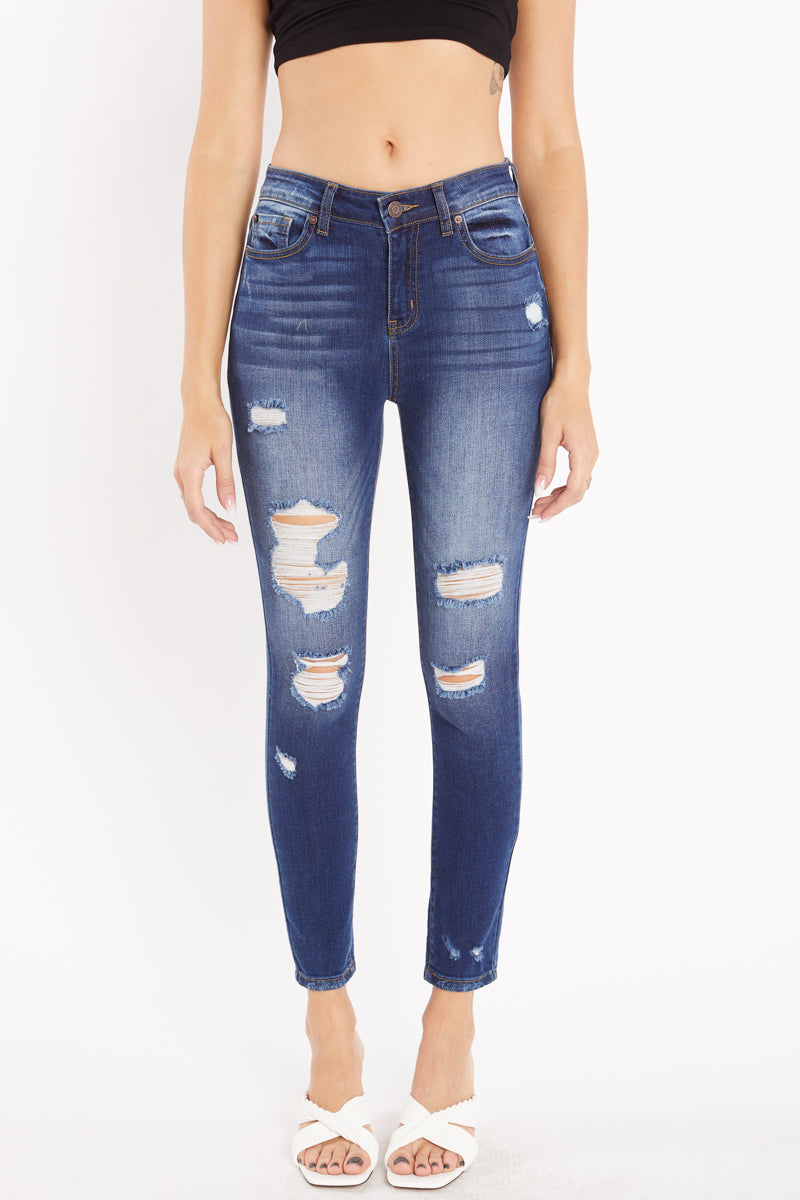 Women's distressed skinny pants jeans in dark blue denim for casual wear