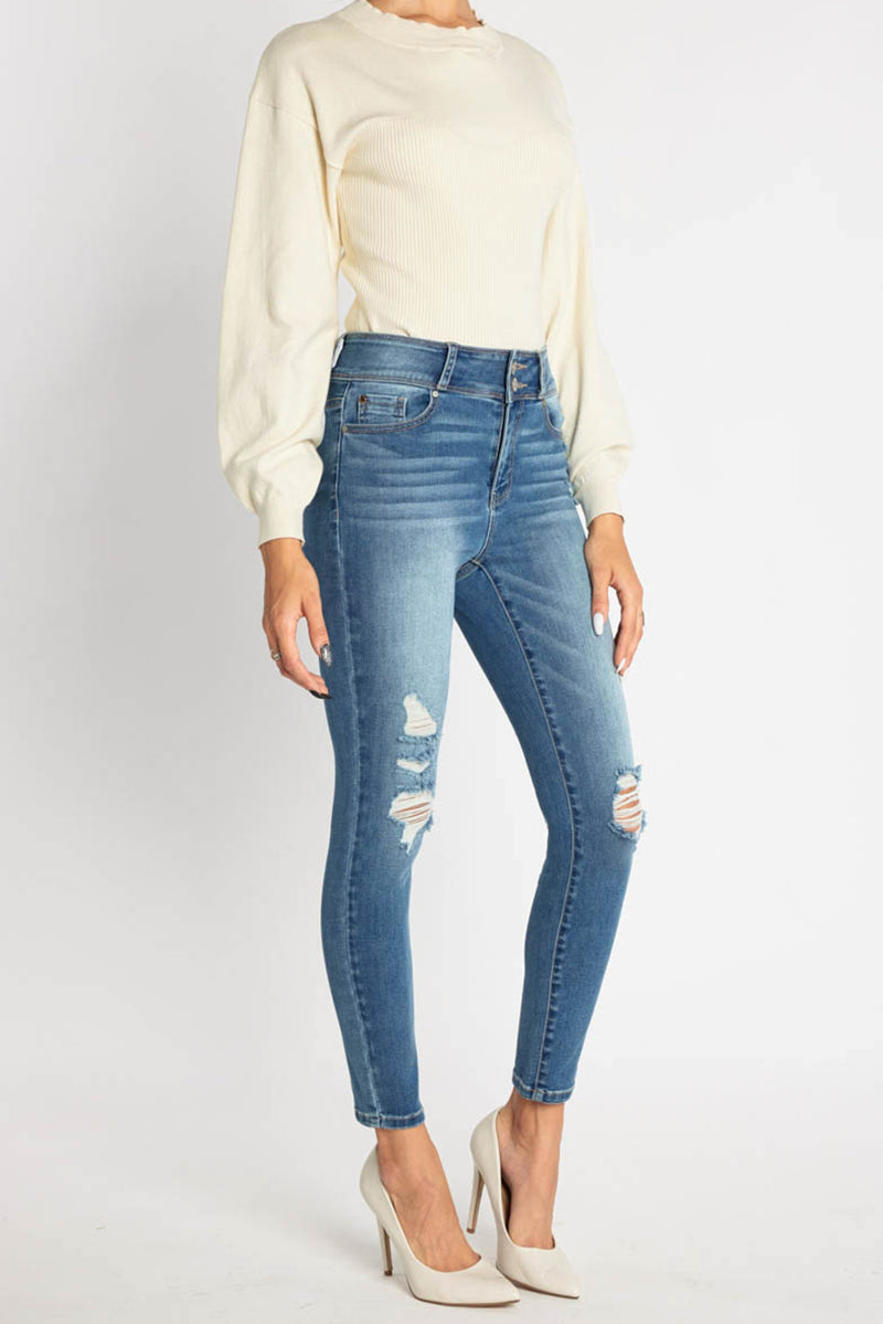 Women's light blue skinny pants jeans, stylish with distressed details