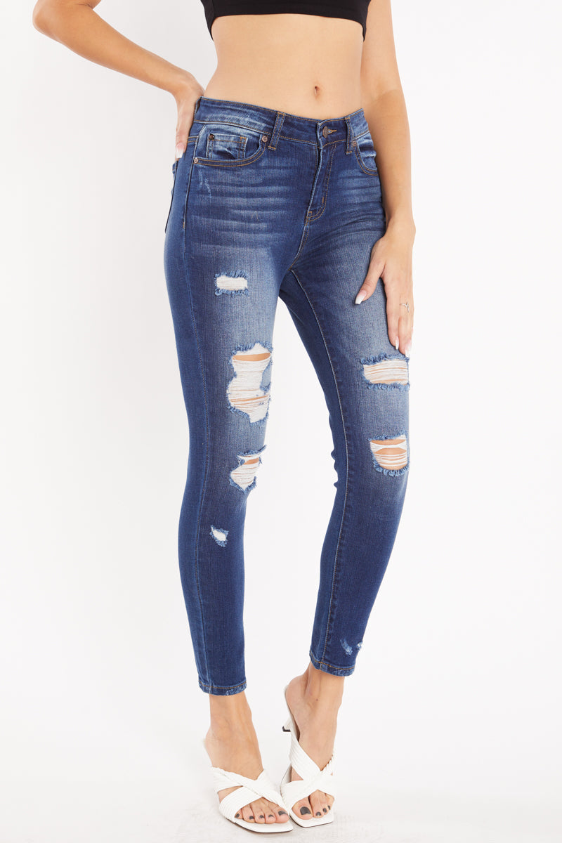 Women's distressed skinny pants jeans in dark blue for casual wear