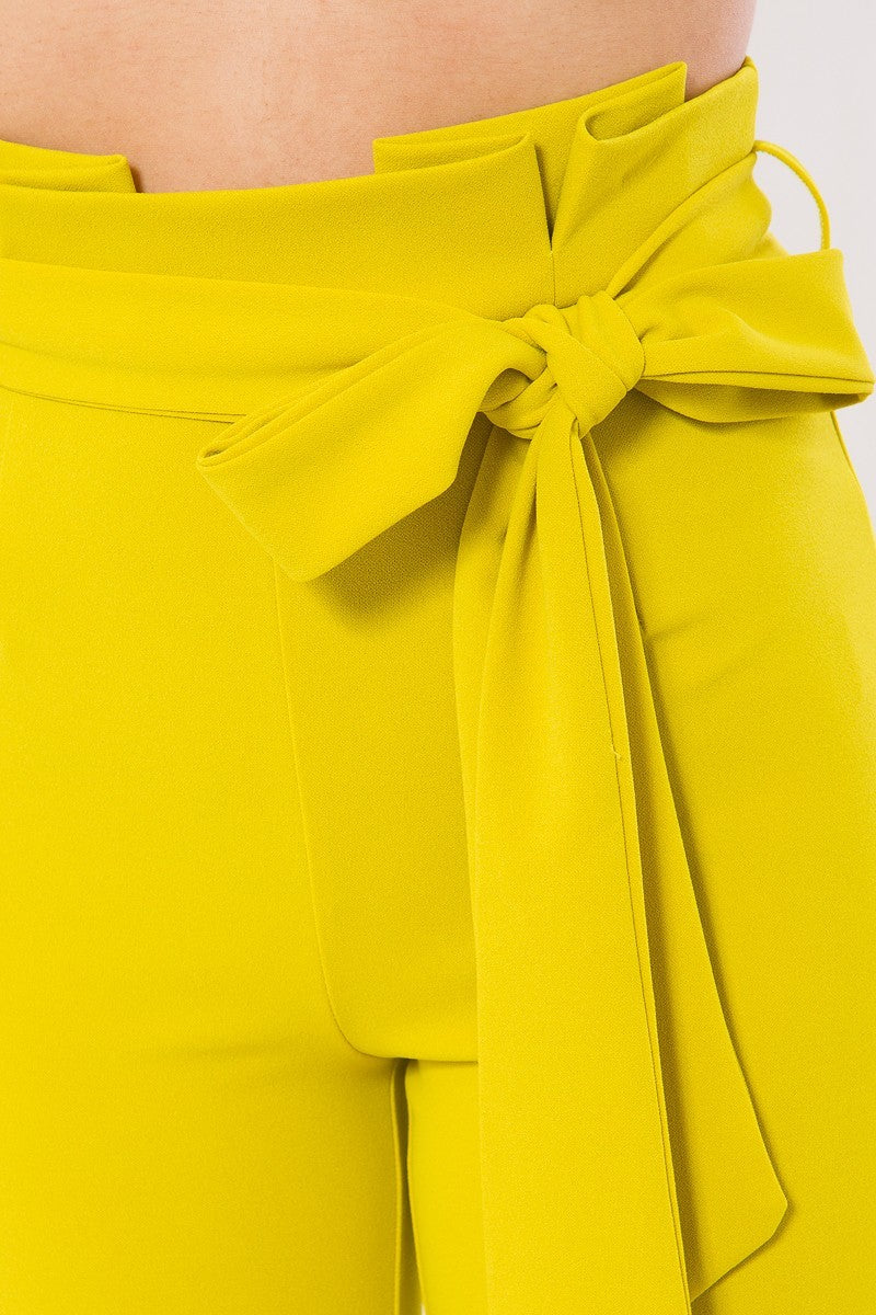 Women's yellow skinny pants jeans with stylish tie waist detail