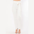 VacationGrabs women's white skinny pants with belt accent styled with high waist and ankle length