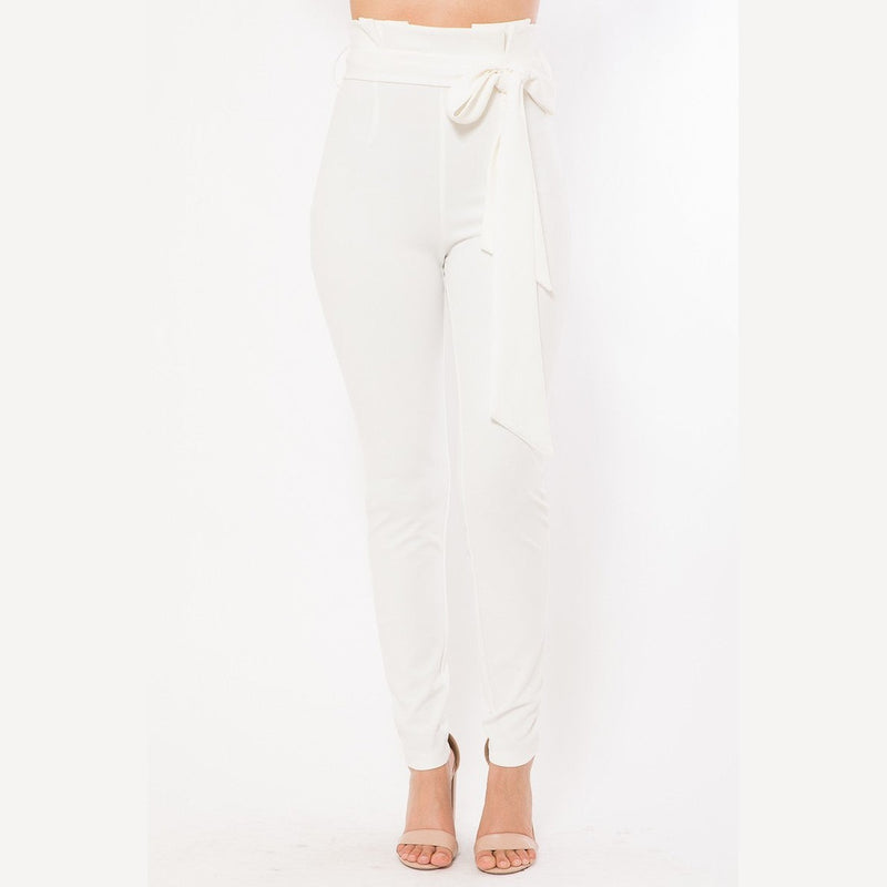 VacationGrabs women's white skinny pants with belt accent styled with high waist and ankle length