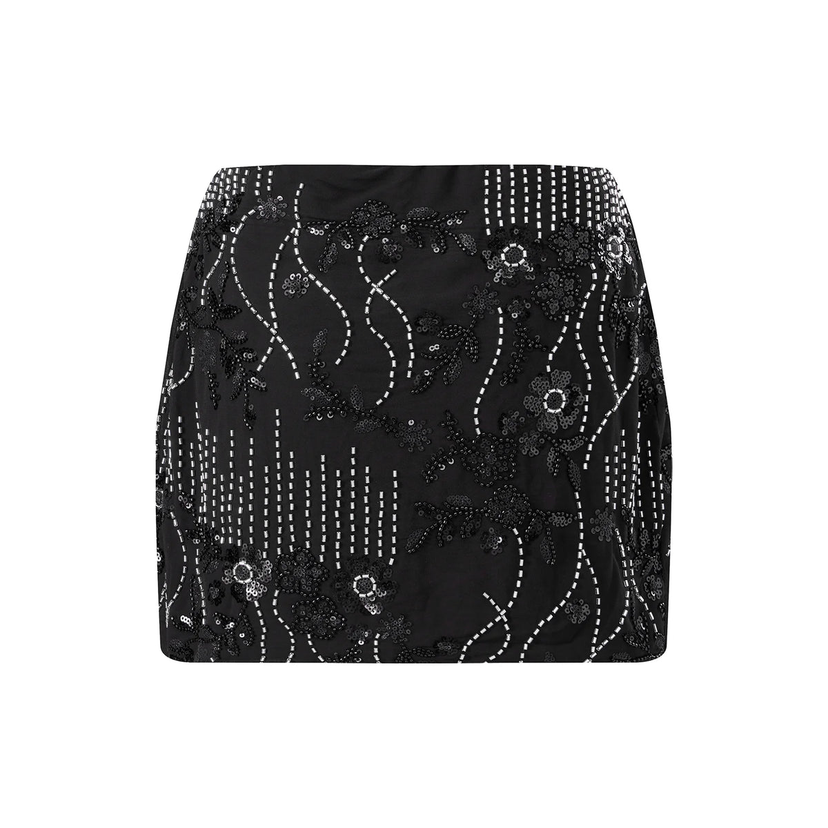 Black sequin mini skirt with floral design, perfect for parties