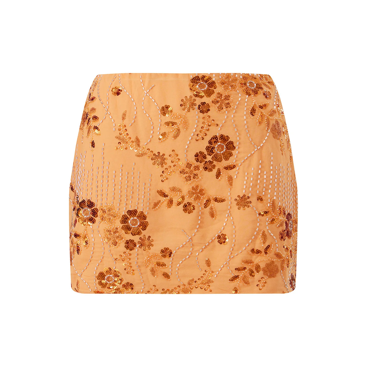 Orange sequined mini skirt, perfect for summer parties and events