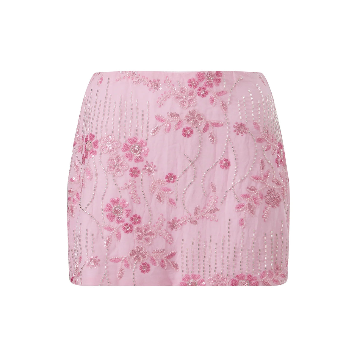 Pink floral embroidered mini skirt, perfect for summer outings