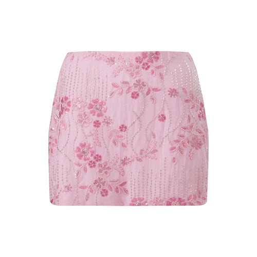 Pink floral embroidered mini skirt, perfect for summer outings