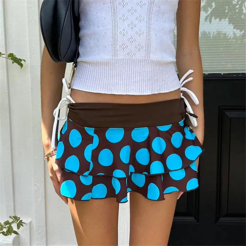 Women's pleated skirt, blue polka dots, casual summer style