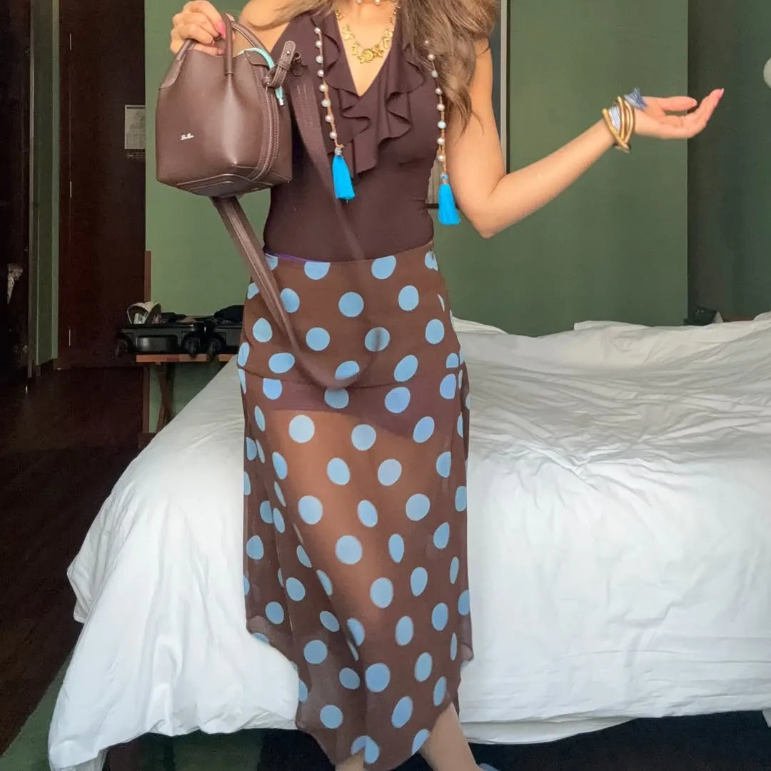 Brown skirt polka dot, lightweight fabric for summer outings