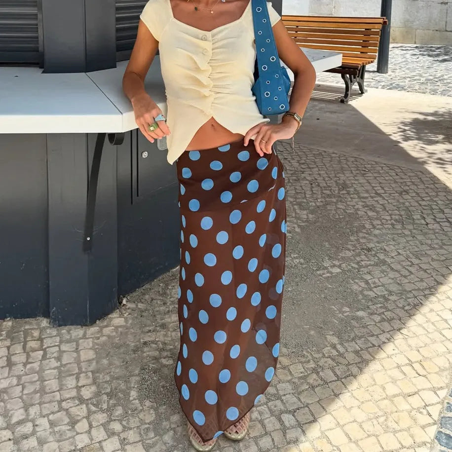 Women's brown skirt polka dot, lightweight fabric for summer outings.