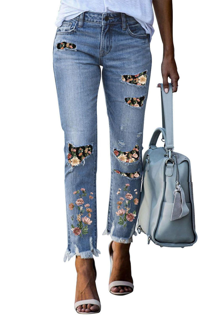 Women's Jeans Sky Blue Printed Patch Ripped Skinny Jeans