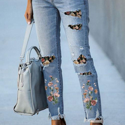 Women's Jeans Sky Blue Printed Patch Ripped Skinny Jeans