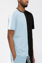 Two-Tone Split Side Stripe Cotton T-Shirt