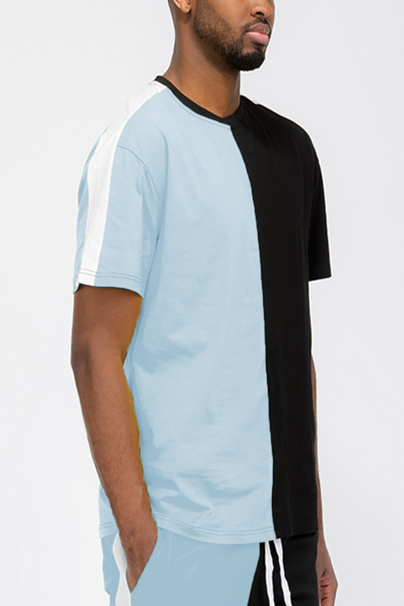 Two-Tone Split Side Stripe Cotton T-Shirt