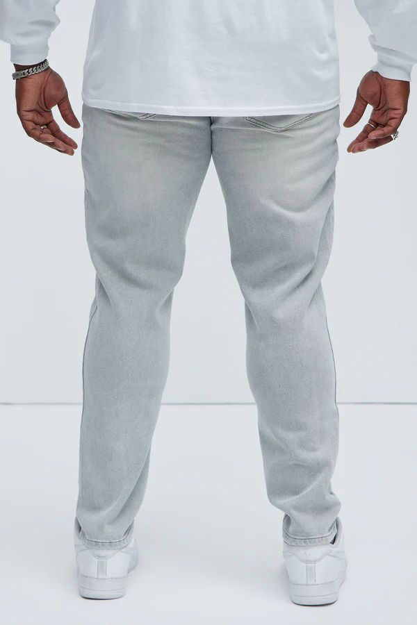 VacationGrabs slate grey jeans for men shown from the back with a slim fit and casual style