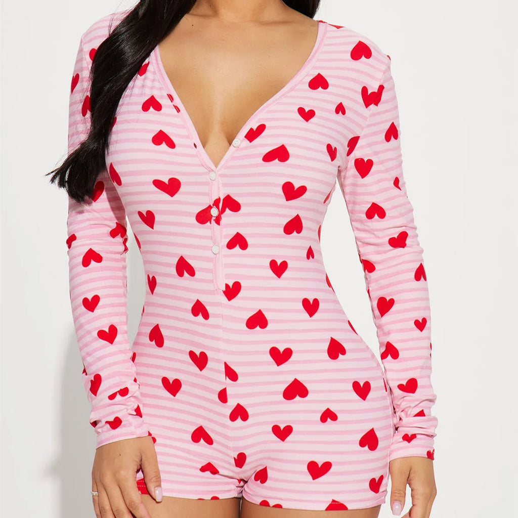 Pink heart-patterned sleepwear for women set, cozy and stylish