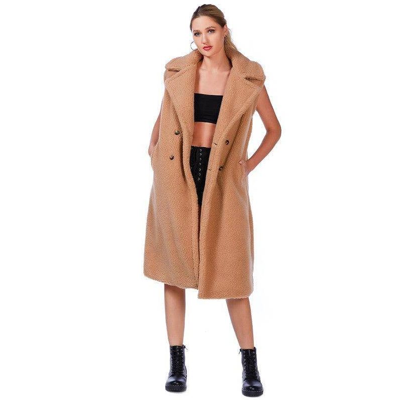 Sleeveless Double Breasted Teddy Coat - VacationGrabs