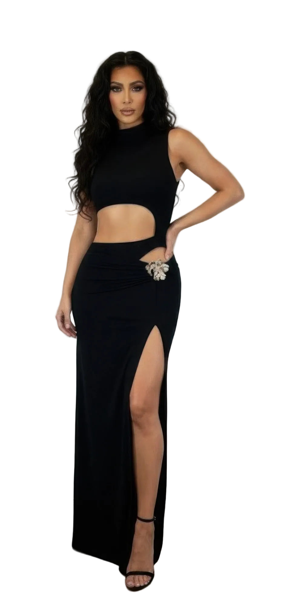Women's black sleeveless high neck skirt set for clubwear events