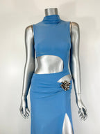 Women's sleeveless high neck skirt set in blue, perfect for clubwear