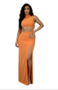 Women's sleeveless high neck skirt set in vibrant orange, perfect for clubwear