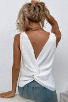 VacationGrabs sleeveless knit cross back vest in white with stylish twisted design and V-back