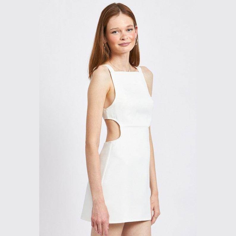 Emory Park White Sleeveless Mini Dress for Vacation with Cut-Out Sides and Square Neckline