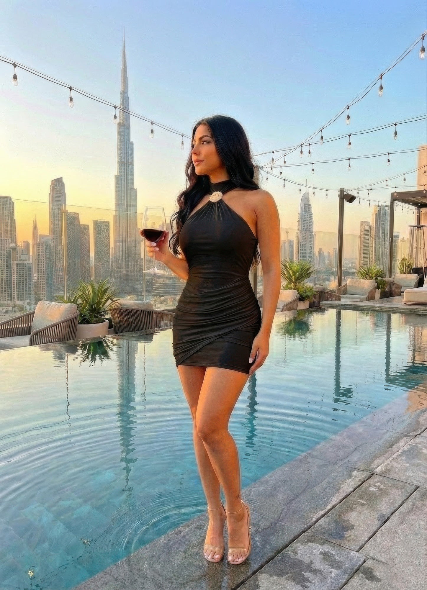 Women's black sleeveless mini dress halter neck for night out