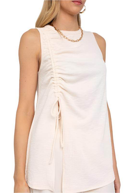 Gilli Women's Sleeveless Ruching Top in Off-White with Side Ties and Elegant Design