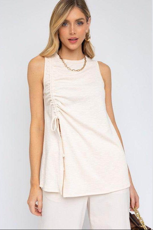 Gilli women's sleeveless ruching top in light beige with side drawstring detail for a stylish look