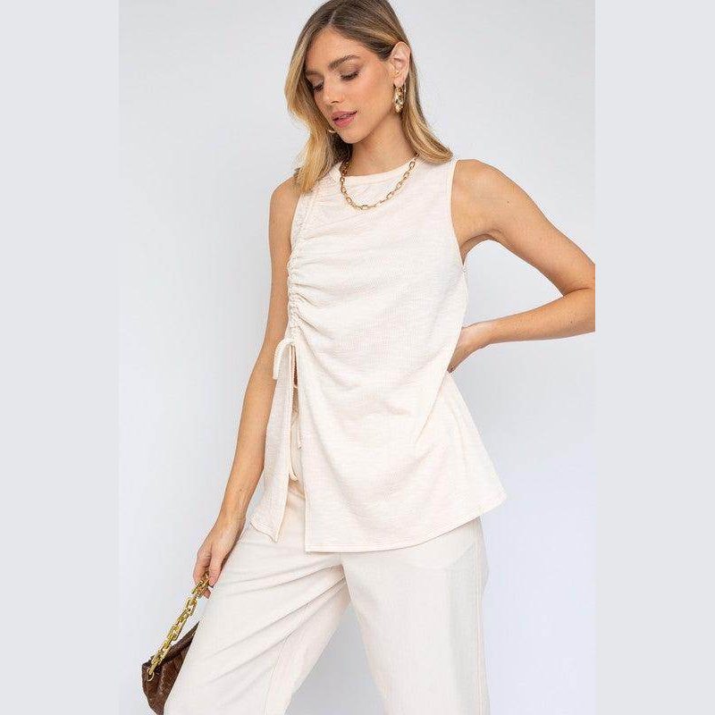 Gilli Women's Sleeveless Ruching Top in Light Beige with Adjustable Side Ruching Detail