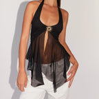 Women black sleeveless sheer blouse, perfect for summer outings