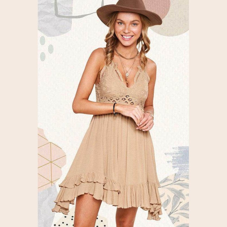 La Miel sleeveless summer dress in beige with lace detailing and ruffle hem for a stylish look