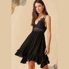 La Miel Black Sleeveless Summer Dress with Lace Details and Ruffled Hemline