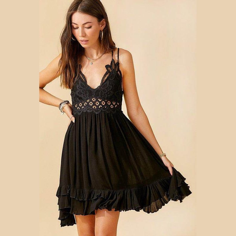 La Miel black sleeveless summer dress with lace detailing and flounce hem for a stylish look