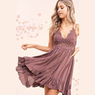 La Miel Sleeveless Summer Dress in mauve with a lace bodice and ruffle hem for a stylish warm-weather look