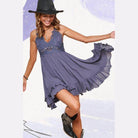 La Miel sleeveless summer dress in purple with ruffle hem and lace detailing for a stylish look