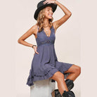 La Miel sleeveless summer dress in lavender with lace detailing and a flared ruffled hem