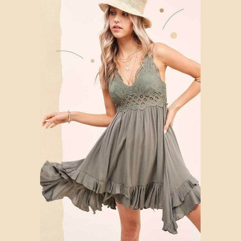 La Miel sleeveless summer dress in olive green with lace detailing and ruffled hem for a stylish look